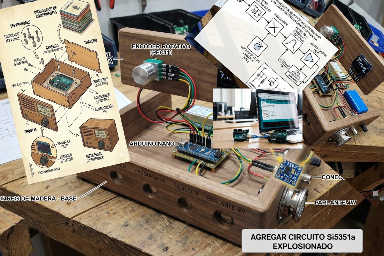 Collage del Curso de Radioafición Aplicada: piezas, lecciones y construcción paso a paso
